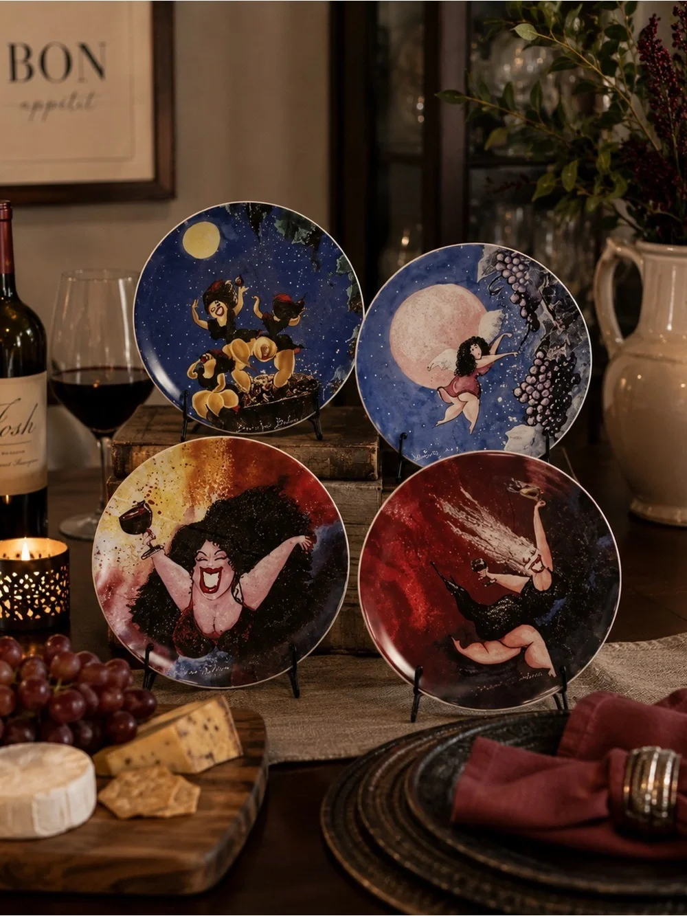 Jill Neal Wild Women Wine Plates Set of 4 | Ceramic Dessert Plates 7.5